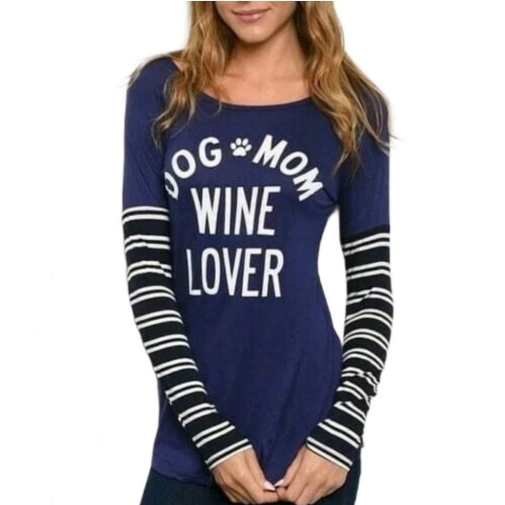 Blue Graphic Dog Mom Wine Lover Tee Shirt Navy Blue Long Sleeve